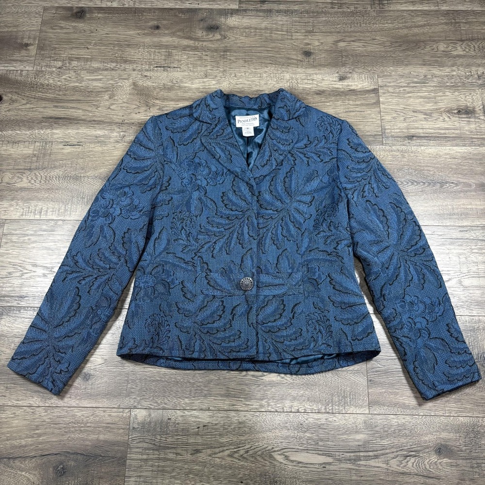 Pendleton Suit Blazer Jacket Womens 12‎ Blue Floral Wool Jacquard Lined Workwear